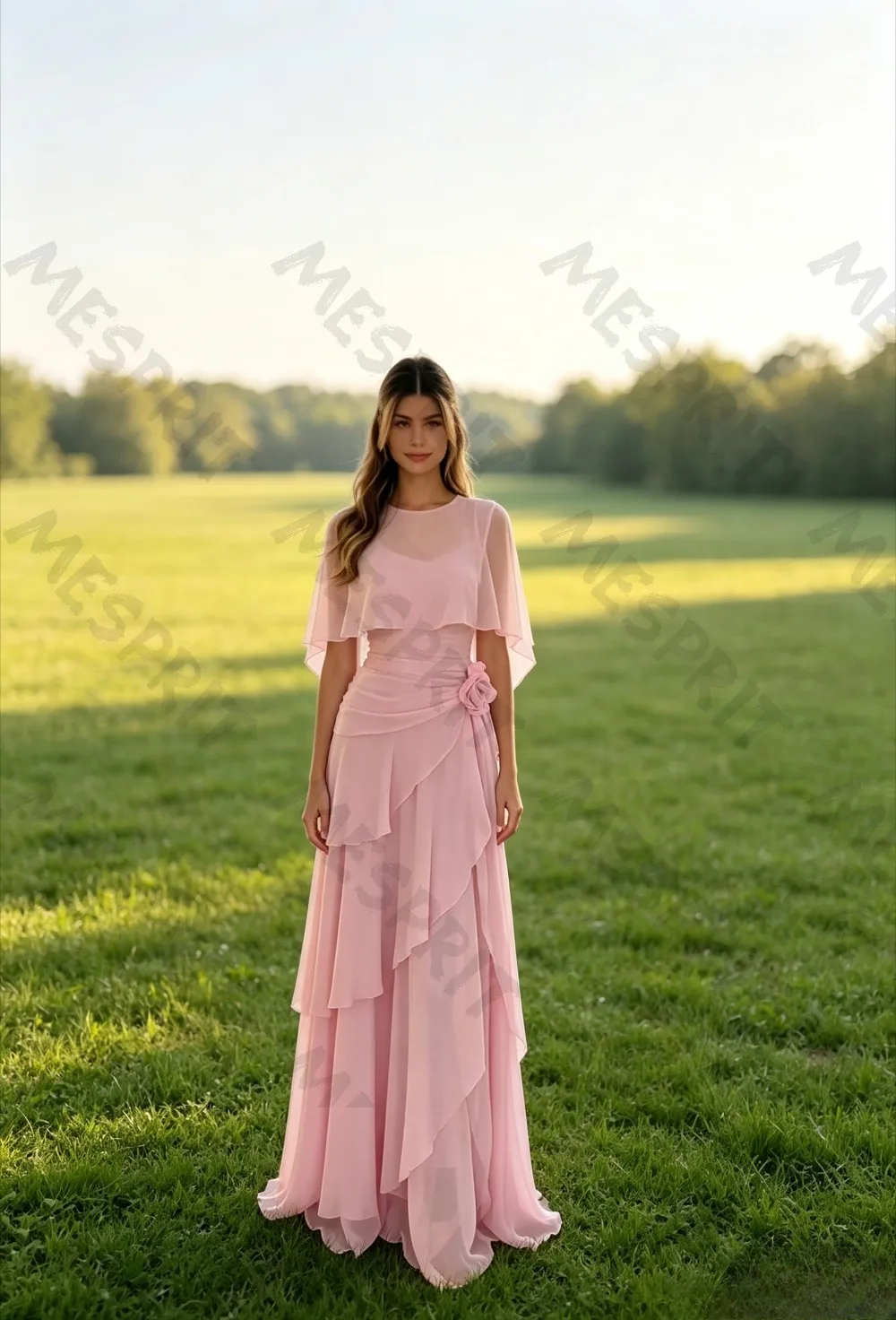 Customized New Pink A-line Chiffon Evening Gowns with Round Neck and Visible Small Shawl Lotus Leaf Side Length Banquet Dresses