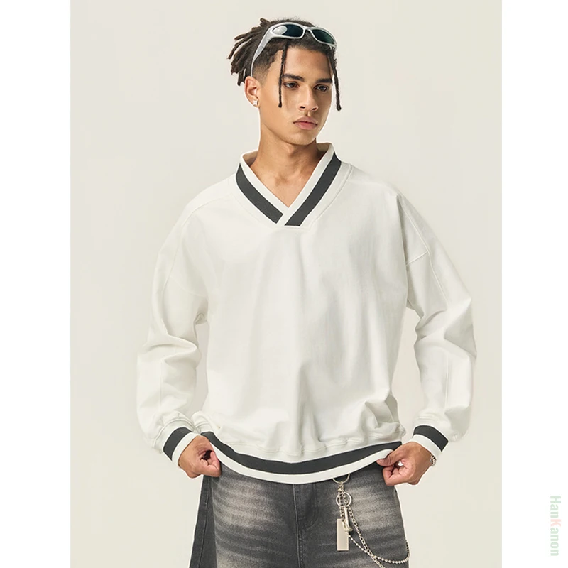 سويت شيرت رجالي من القطن الخالص برقبة على شكل حرف V 100% قطن عالي الجودة يسمح بمرور الهواء، تي شيرت فضفاض غير رسمي #3