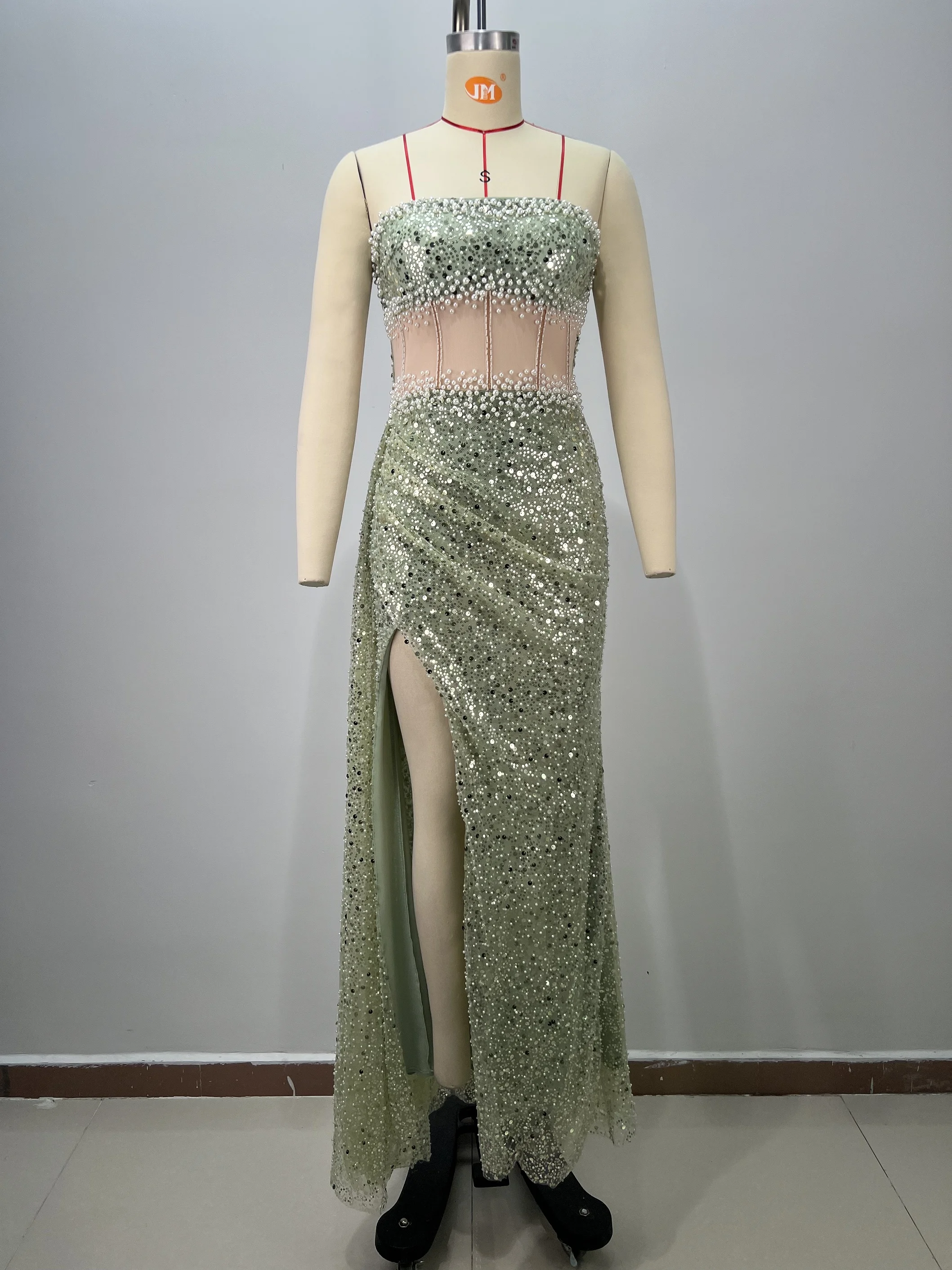Women's Light Green Bandage Fishtail Gown Sheer Mesh Cutout with Crystal Beads Thigh High Slit Evening Gala Dress​