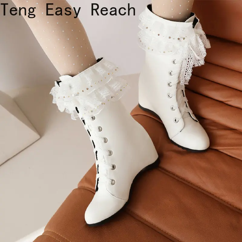 

2023 Lolita wedge Naked boots In the spring Girls Cosplay Party JK Princess Shoes Lace Up Bowtie Chunky Women boots In the fall