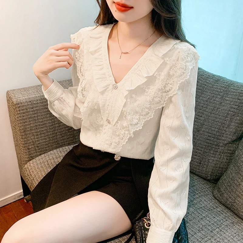 Fashion New Casual Long Sleeve V-Neck Women Blouse Lace Ruffles Chiffon Blouse Shirt Women Tops Blusas Mujer De Moda 2024 A599