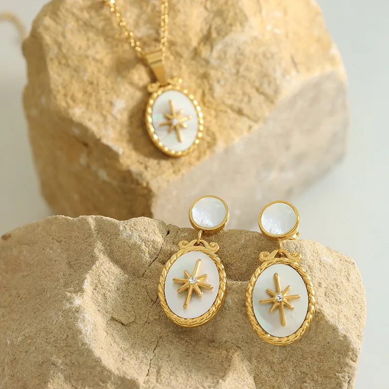 Sweet Women's Necklace Earring Set Small Design Necklace White Haibei Star Pendant Necklace Elegant Women's Jewelry Set