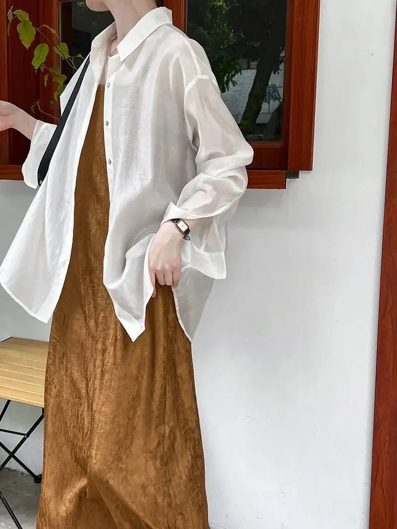 [LANMREM] Солнцезащитные рубашки с дизайном на пуговицах сзади для женщин, однобортные блузки в стиле минимализм с лацканами, новинка лета 202, 26D9108