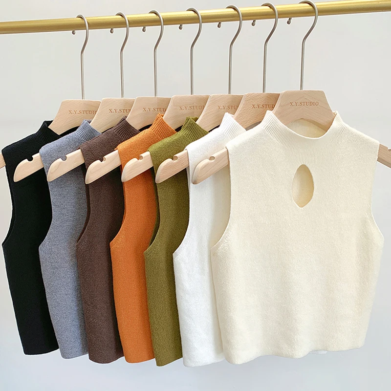 1PCS Fashion Half Turtleneck Hollow Out Knitted Tank Top Summer Women Casual Solid Color Sleeveless Vest