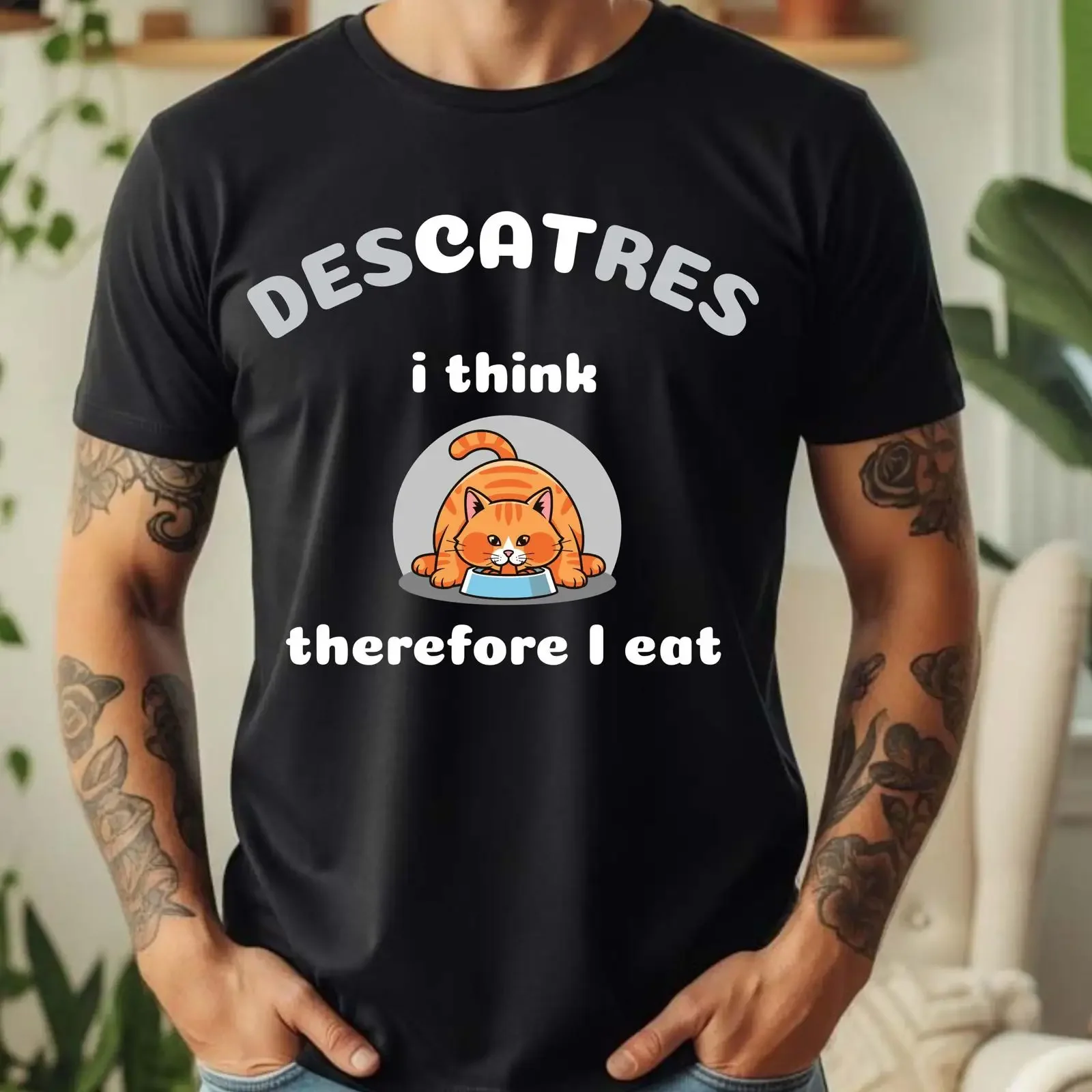 Funny Cat Philosophy Descartes T shirt Meme Retro Humour for Lover and Philosopher vintage Washed Versatile Unisex
