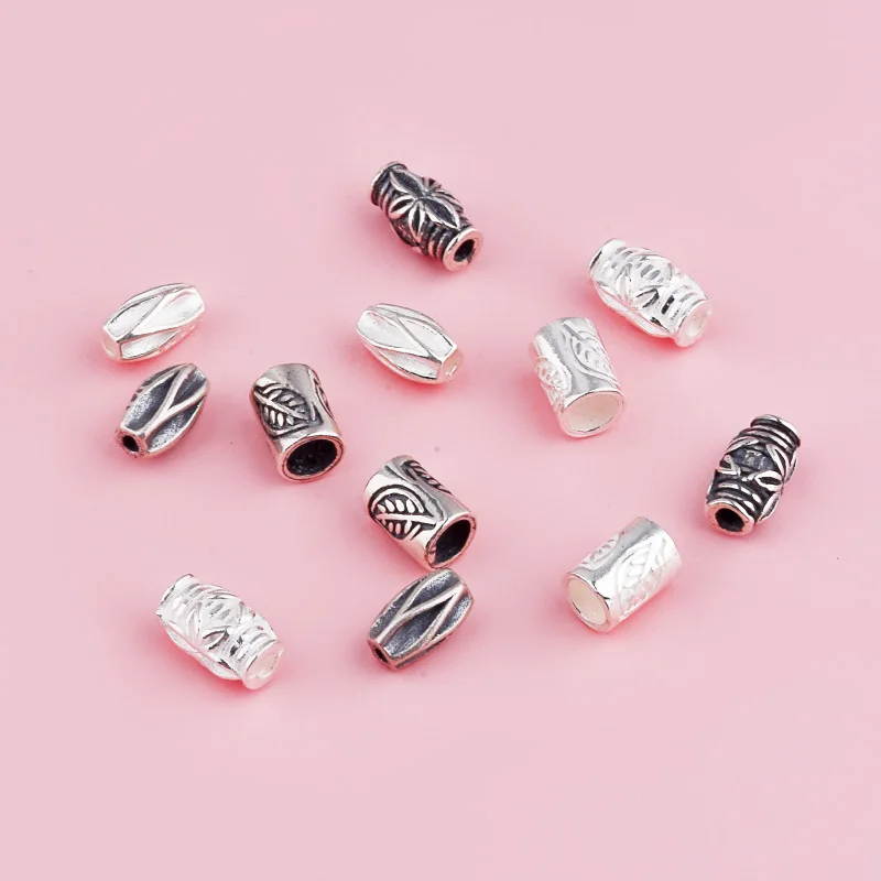 S925 pure silver vintage leaf relief pattern geometric pattern small bucket bead DIY stringing bracelet accessory