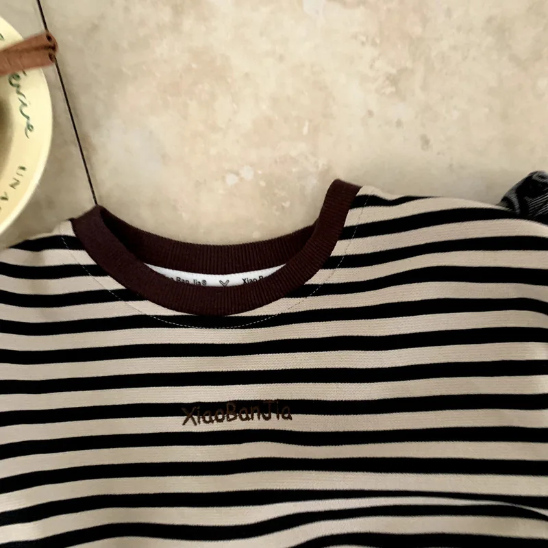 Childrens Top Spring and Autumn New Style Casual Fashion American Contrast Stripe Style Korean Retro Long Sleeve T-shirt