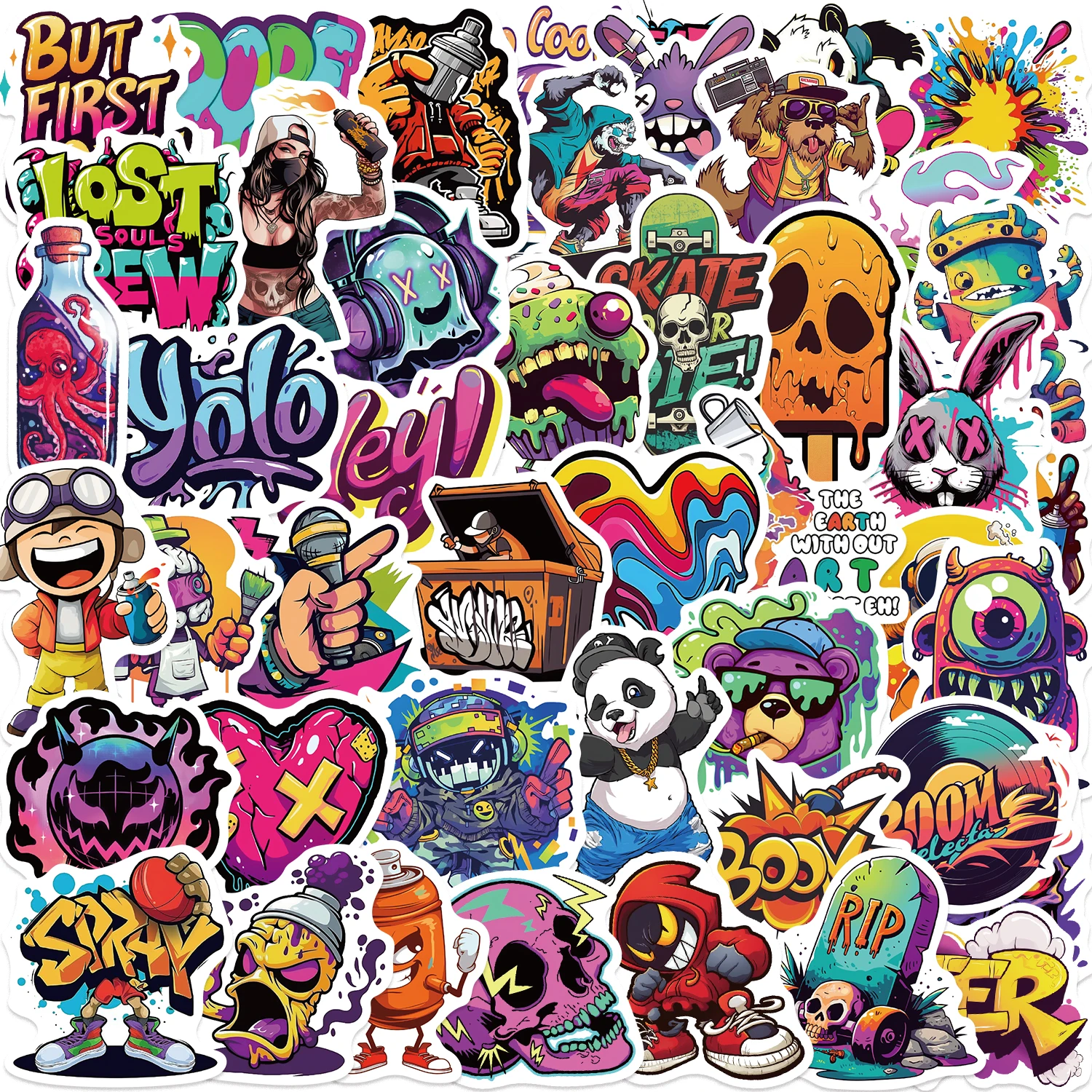 50 Stück Hip-Hop-Graffiti-Aufkleber Bunte Street-Art-Sticker Cartoon-Musik-Vinyl-Skateboard-Aufkleber für Laptop und Wasserflasche