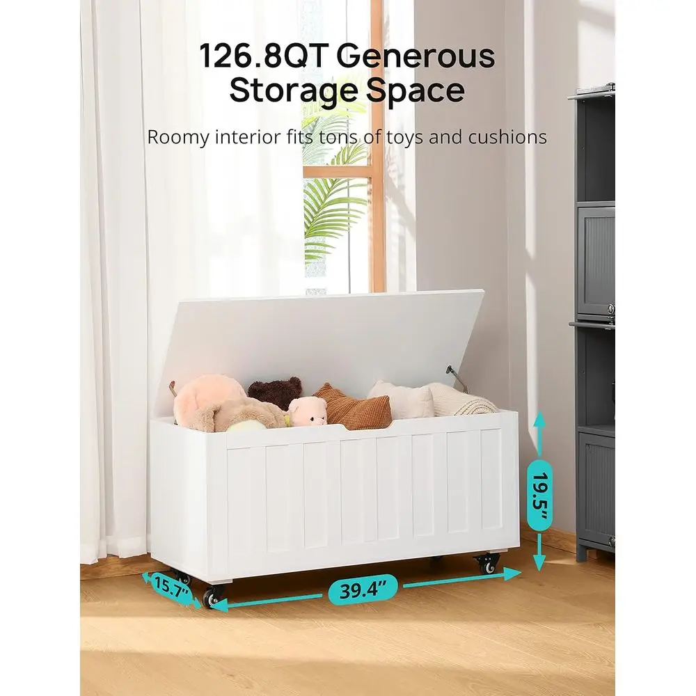 مقعد تخزين خشبي بعجلات ومفصلات، 39.4، يدعم 300 رطل، سهل التجميع، أبيض، مثالي لغرفة النوم وغرفة المعيشة