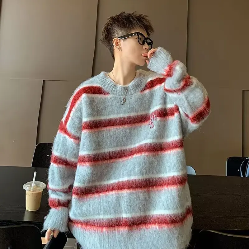 

Свободный повседневный трикотаж в корейском стиле в полоску для мужчин и женщин, осень-зима, большие размеры, удобный, в стиле кэжуал, из полиэфирного волокна