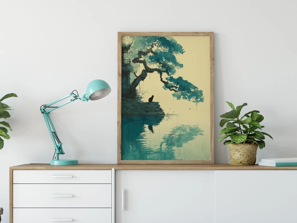 Cat Under Tree Wall Art, Japanese Style Print, Green Nature Poster，Emerald Green Nature Grass Field Decor for Home