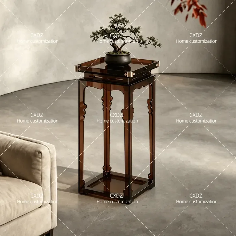 Acrylic Flower Stand Chinese Zen Style Shelf Tea Room Floor to Ceiling Plant Pot Bracket Corner Living Room Home Decor