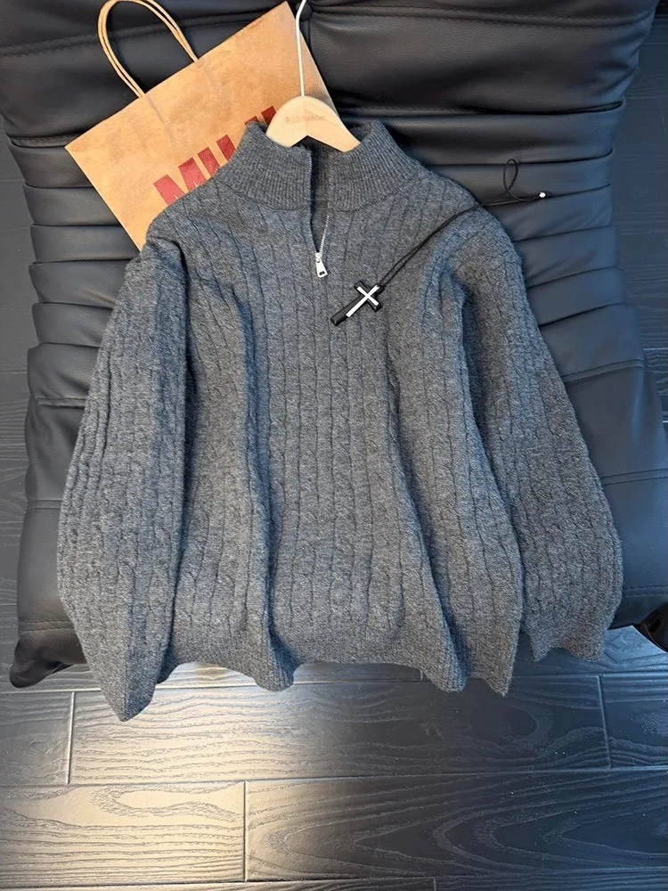 

Deep ey Vintage f Zipper Stand Collar Men's Knitwear Winter Twisted Knitted Sweater American Casual Outerwear