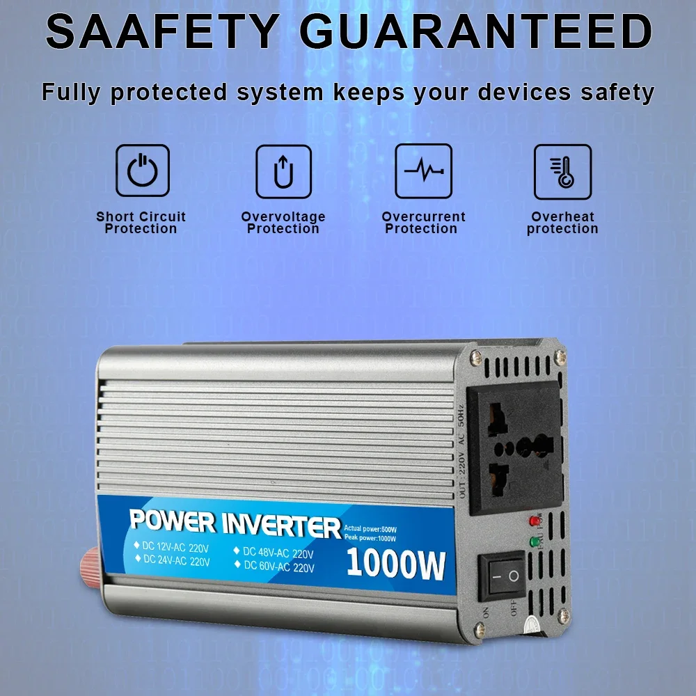 تيار مستمر 12 فولت إلى التيار المتناوب 220 فولت 1000 واط الذروة قوة سيارة عاكس الطاقة شاحن محول محول العالمي المقبس الأجهزة التبديل 500 واط Reated