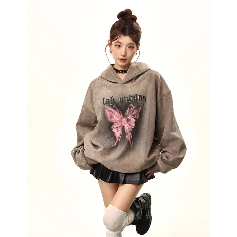 

Vintage Casual Butterfly Flower Printed Hooded Sweatshirts Fashion Loose Versatile Pullover Lazy Style Tops Women's Autumn New