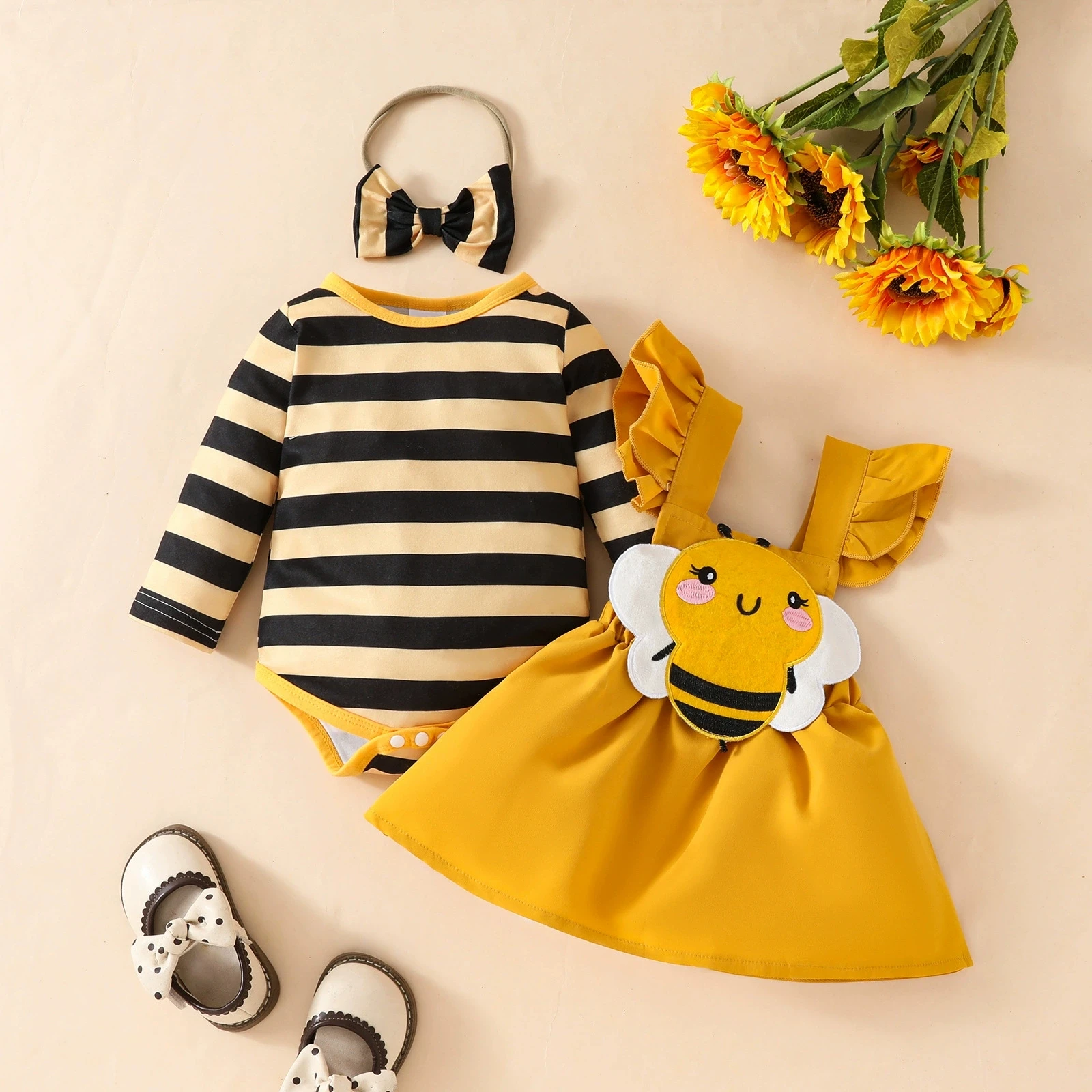 

Baby Girl Bee Outfit Long Sleeve Romper + Suspender Skirt Bow Headband 3pcs Set For Halloween Kids Girl Clothes Winter For 3M-3Y
