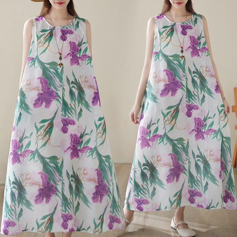 ฤดูร้อนดอกไม้ผ้าฝ้ายและผ้าลินินชุดเสื้อกั๊กผู้หญิงลําลองหลวมแขนกุดวันหยุด Boho Beach ชุดยาว Maxi Robe