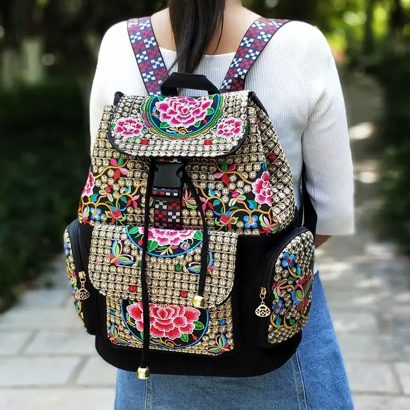 

Chinese Ethnic Style Flower Embroidery Large Capacity Canvas Backpack Classical Literary Youth Travel Backpacks Mochilas Mujer