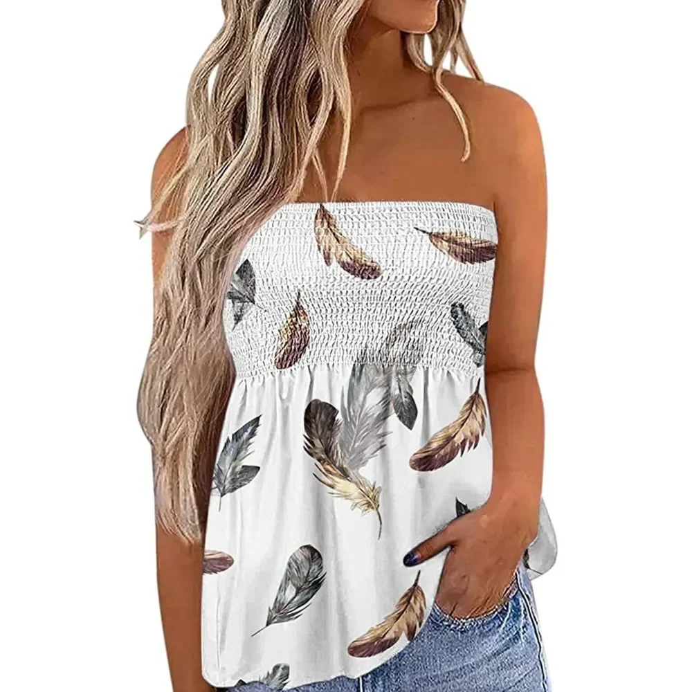 Women Printed Shoulder Cropped Tube Top Smocked Vest Sexy Summer Casual Daily Streetwear Minimalist Chic Ladies Sleeveless Top