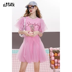 ELFSACK 2024 summer new arrival Pink mesh gentle style bear print letter princess t-shirt dress for women