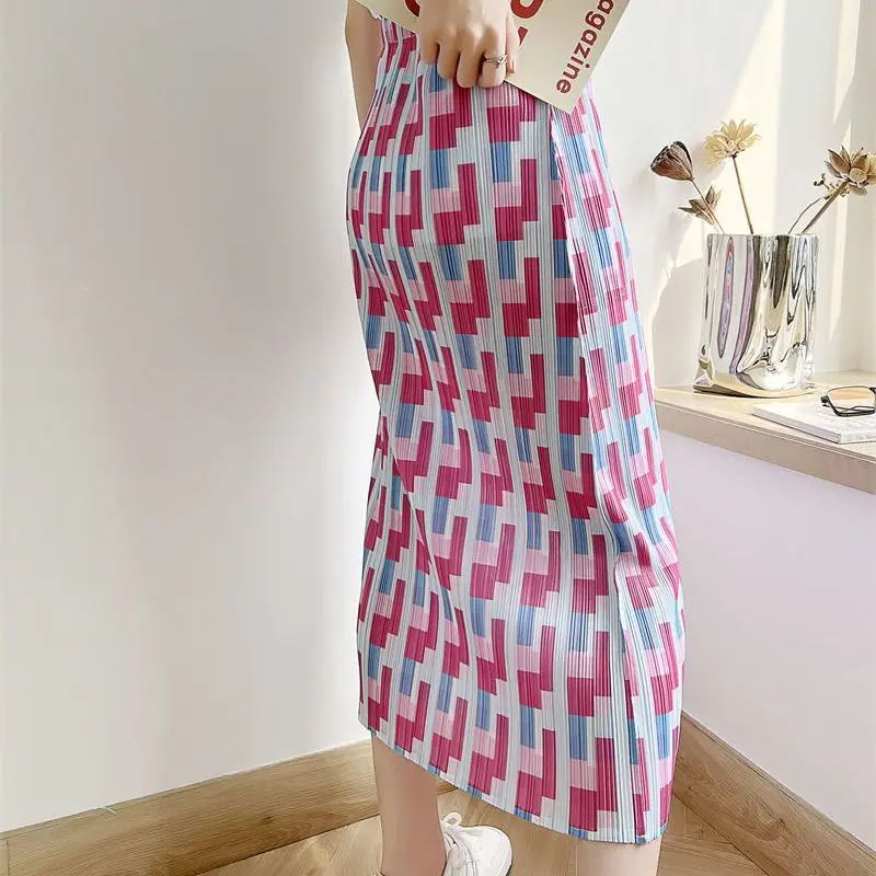 Summer new pleated skirt women's medium and long urban casual slim-fit printed pleated skirt