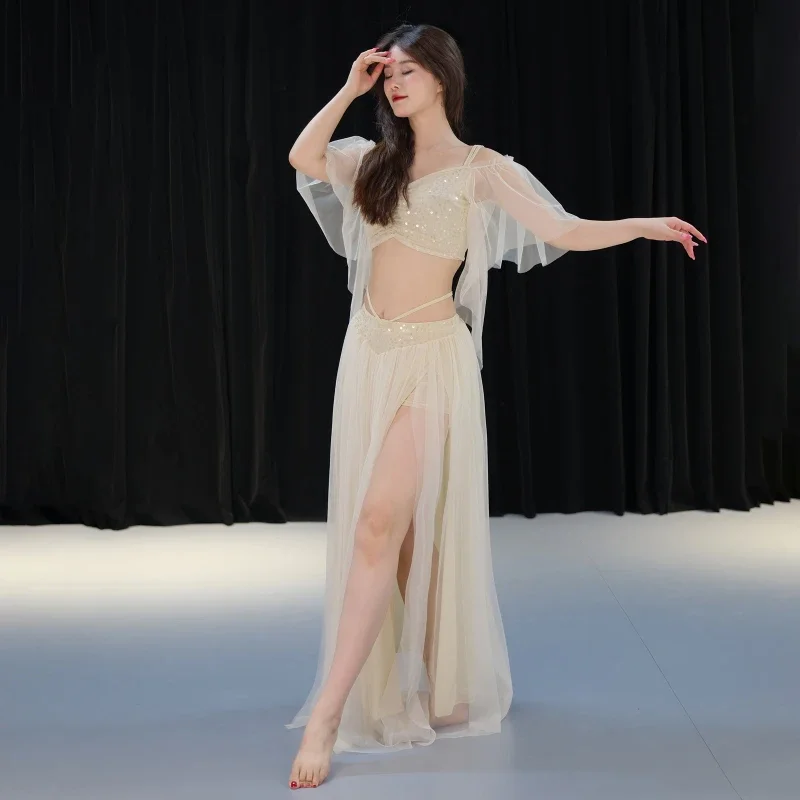 Costume de danse du ventre luxueux pour femmes, haut à manches évasées + jupe longue, 2 pièces, vêtements d'entraînement professionnel Oriental pour adultes