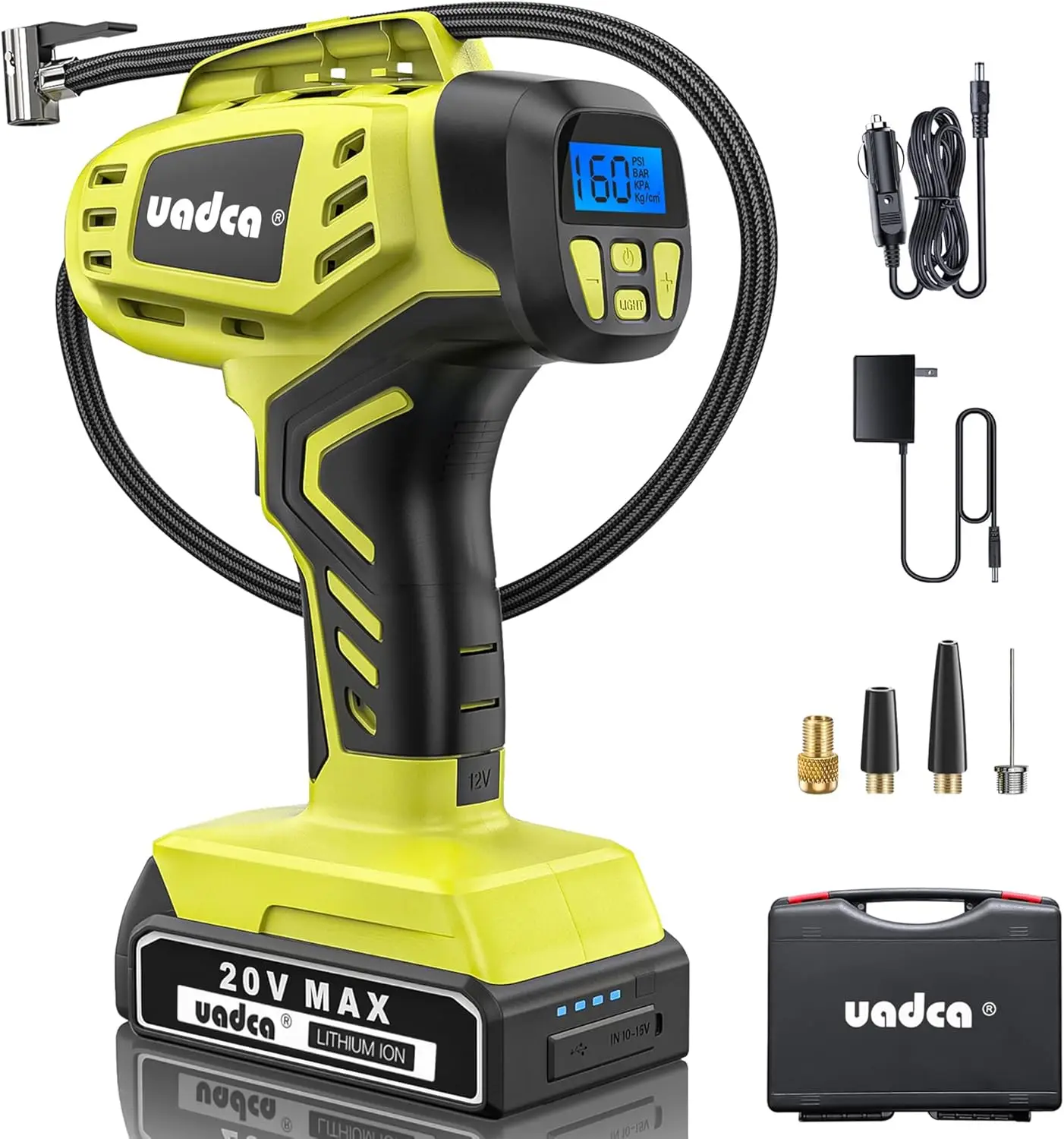 

Портативный воздушный компрессор 160PSI, 20 В, перезаряжаемый с цифровым манометром для автомобилей, велосипедов, мячей