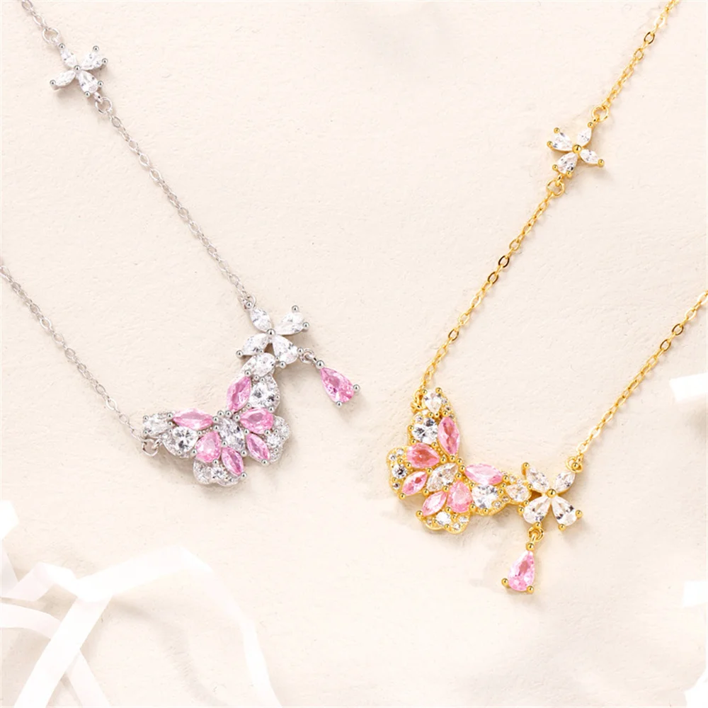 

Korean S925 Necklace - Elegant Sparkling Butterfly, Pink Zircon, Luxury Sweet Pendant