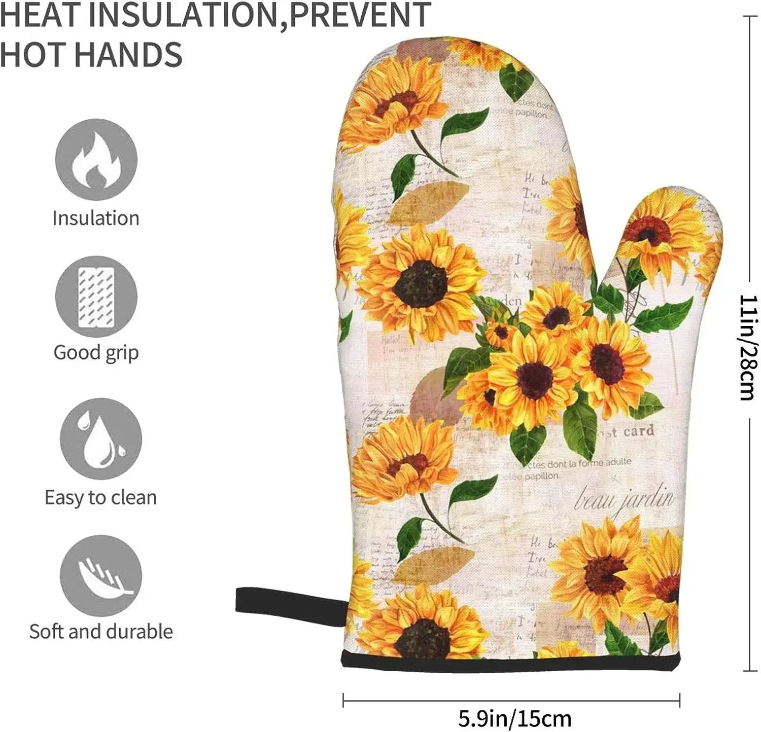 2pcs Yellow Sunflower Floral Print Oven Mitts Heat Resistant Kitchen Waterproof Gloves with Inner Cotton Layer for Cooking BBQ