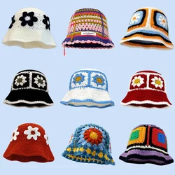 2023 Autumn New Crochet Korean Handmade Bucket Hat Women Weaving Knitted Hat Y2k Fashion Flowers Autumn Winter Beanies Basin Cap