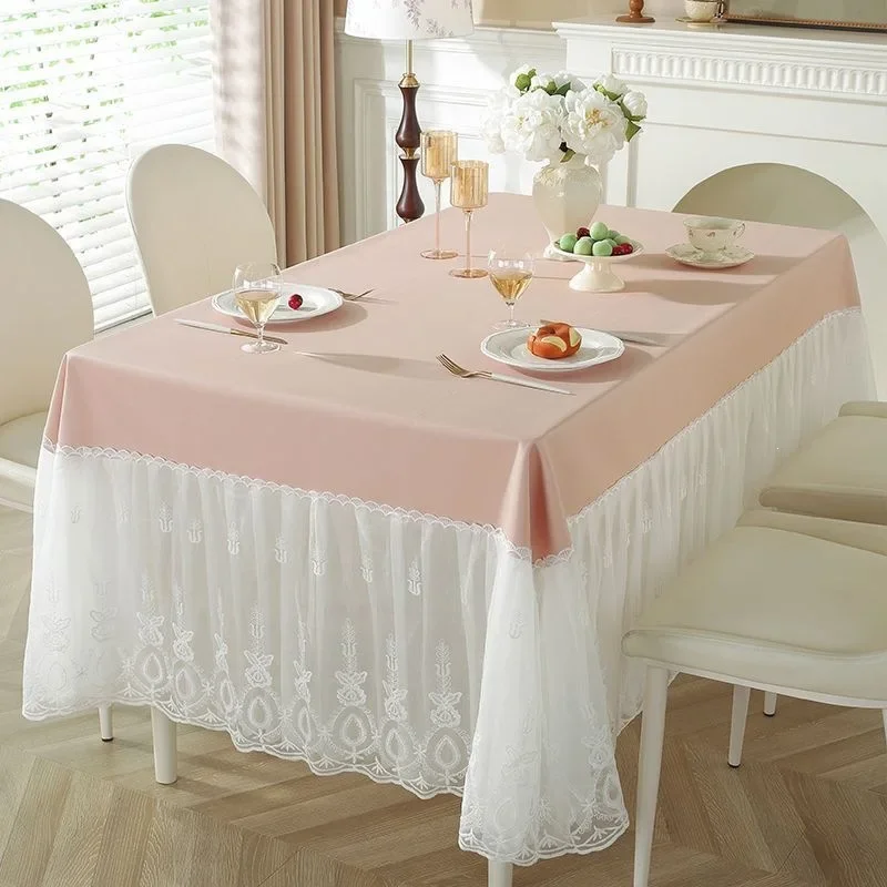 Cream Style Solid Color Lace Side Tablecloth Waterproof Oil Resistant Washable Table Clothes Scratchproof durable Table Linen