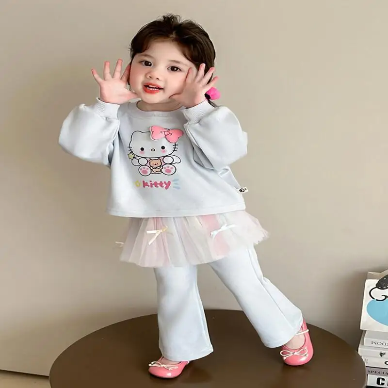 

Комплект домашней одежды Sanrio Hello Kitty, кружевная модная одежда из двух предметов для девочек, кавайная осенне-зимняя повседневная детская одежда в стиле аниме, одежда