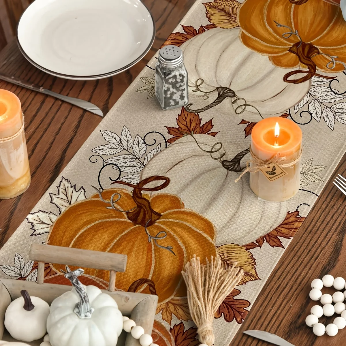 VIKAMA Fall Thanksgiving Table Runner Pumpkin Maple Leaf Print for Dining Table Mantel Thanksgiving Decor for Xmas Party