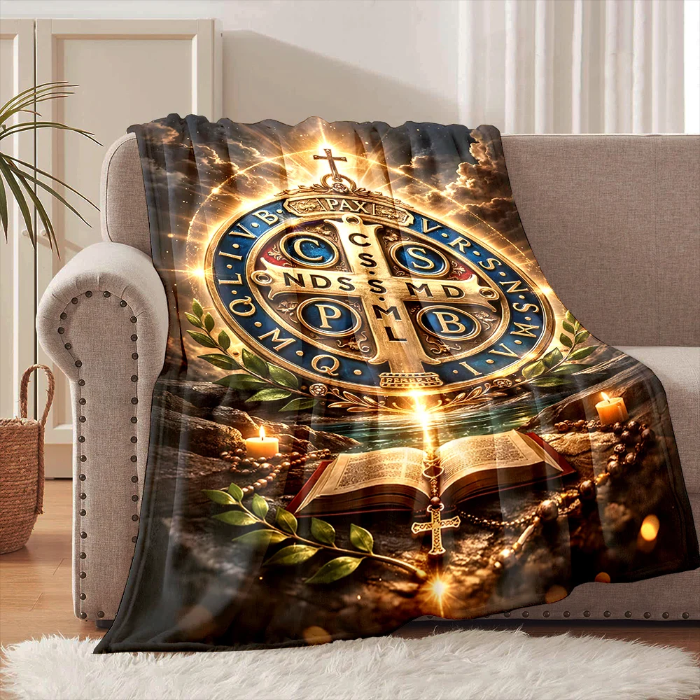1PC Saint Benedict Cross and scripture Faith-printed Flannel Blanket Soft and Warm Suitable for Home Travel Picnics Camping RV