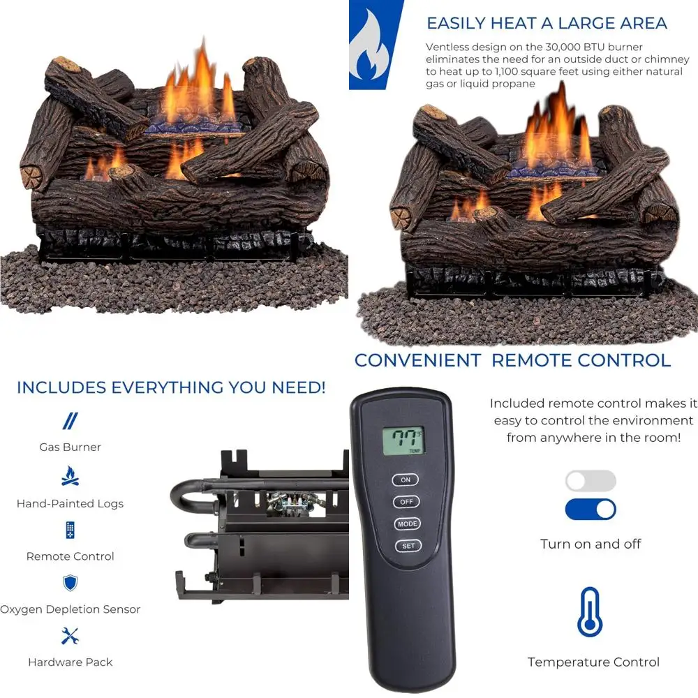 

Dual Fuel Ventless Fireplace Logs Set with Remote, Compatible with Natural Gas or Propane, 30,000 BTU Output