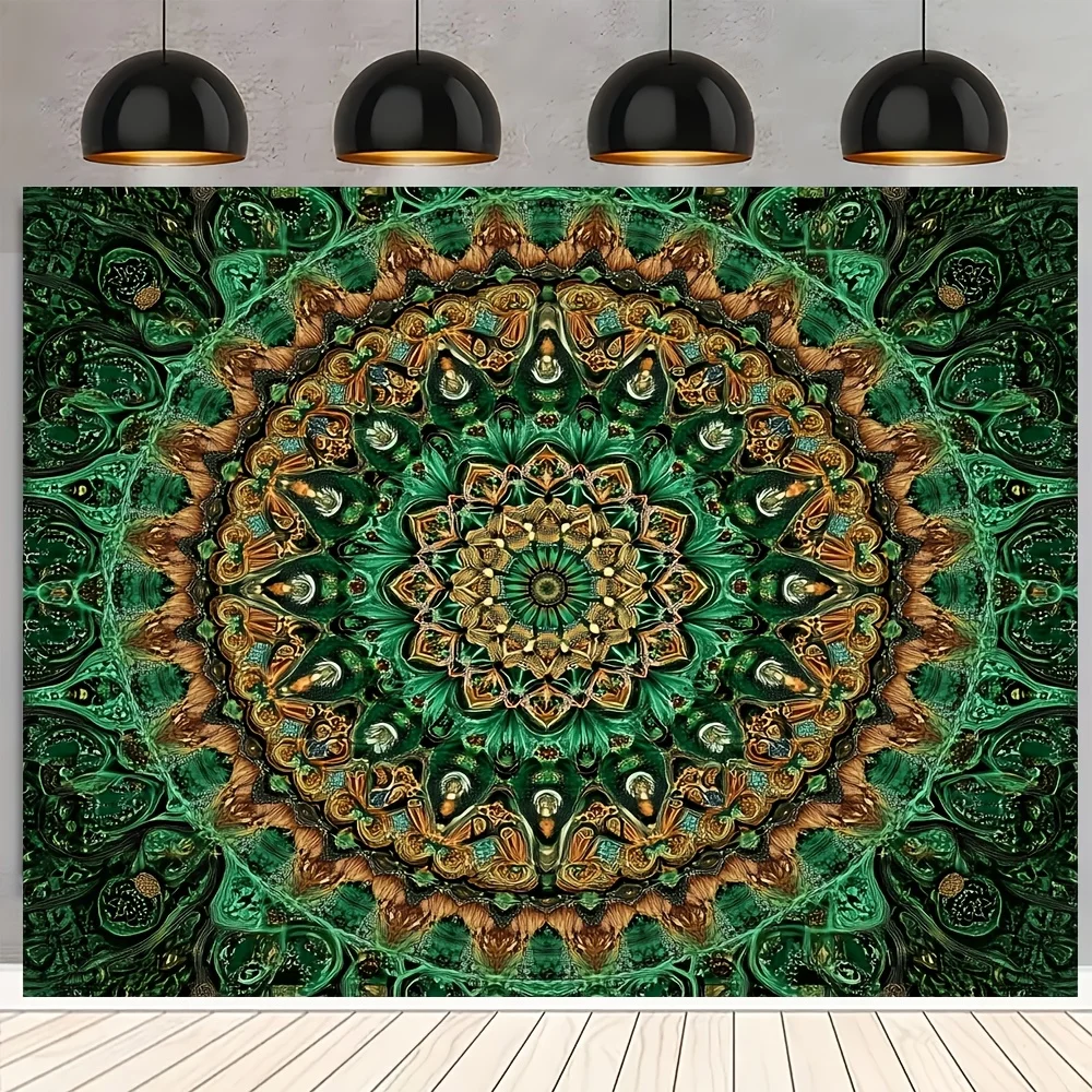 2D Flat, 1pc Bohemian Mandala Tapestry Wall Hanging - Green Golden Brown Beige Turquoise Boho Party Decor, Large Round Mandala P