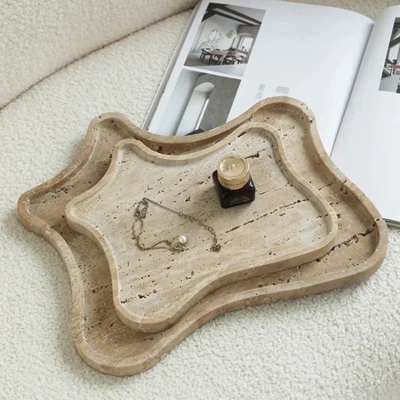 Vintage Travertine Stone Tray, Decorative Jewelry Plate Trinket Dish, Marble Counter Organizer for Bathroom Dresser Coffee Table