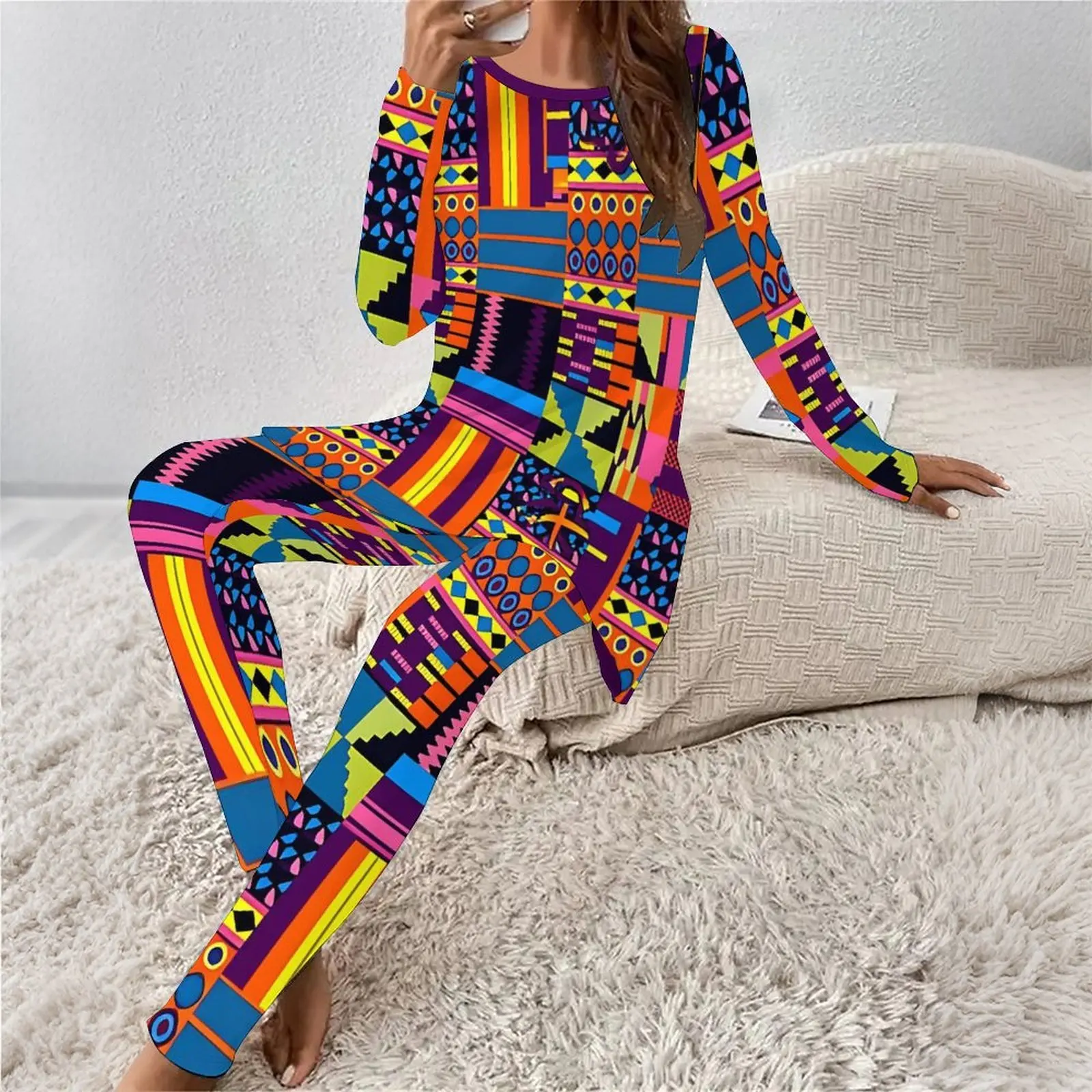 Women Print Two Piece Set Vacation Long Sleeved Fashion Retro Tops Everyday Exercise Leggings