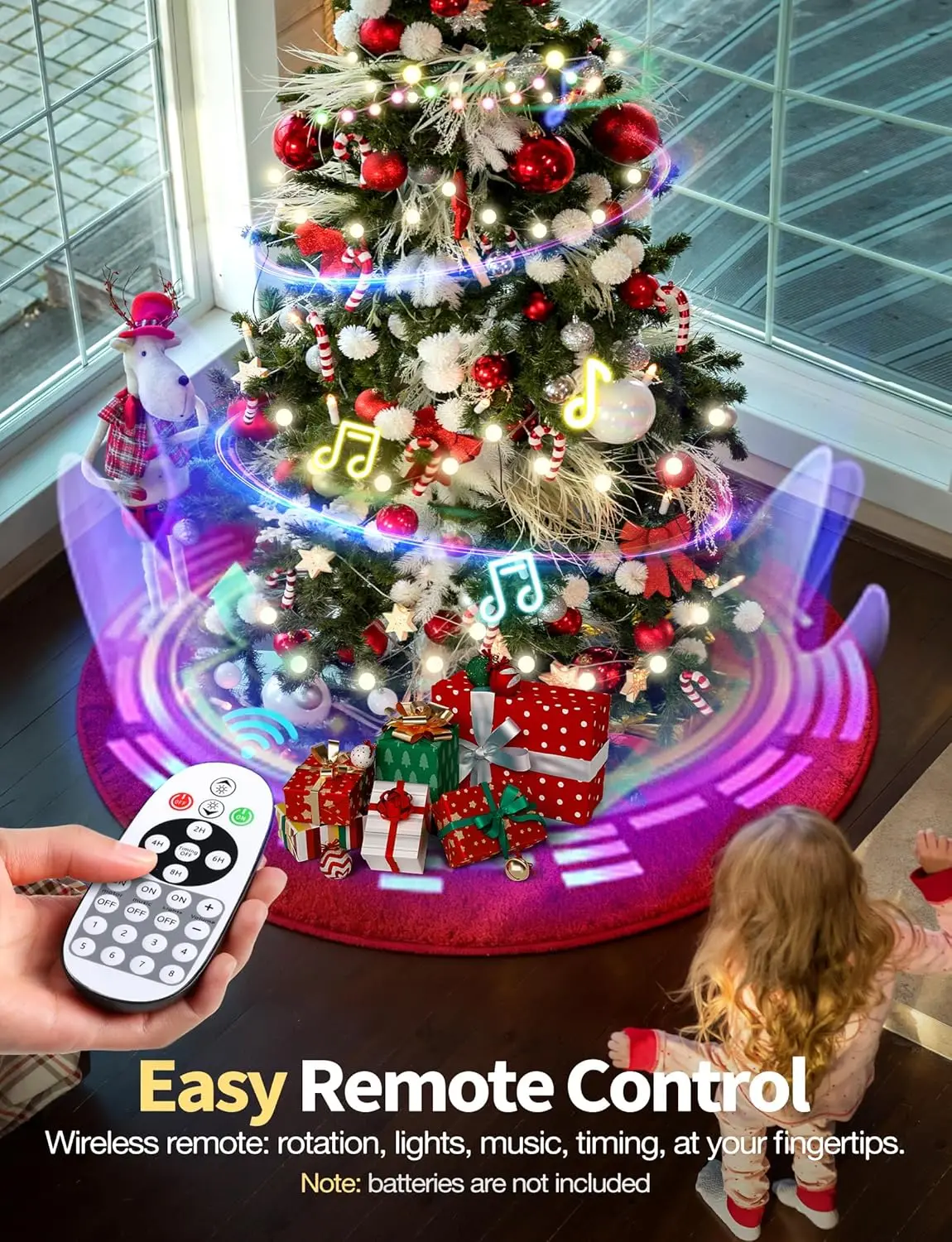 Suporte giratório musical para árvore de Natal, 360 °   Girando com controle remoto, luz e música, cabe em árvores de até 8 pés