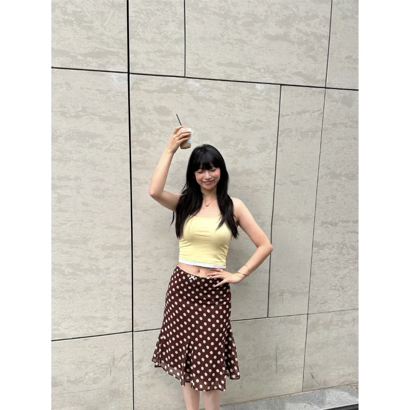 Retro Brown Polka Dot Half Skirt Women's Spring Summer Travel Clothing A-Line Slimming Five-Quarter Fish Tail Midi Skirt
