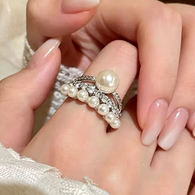 Crystal imitation pearl open ring for women, light luxury, niche high-end, index finger ring, versatile temperament ring