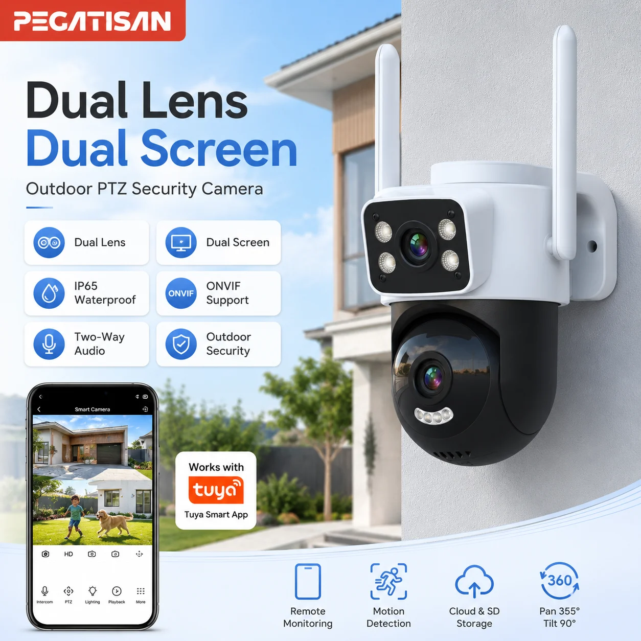 Câmera PTZ Externa PEGATISAN 4K Tuya Wifi com Rastreamento Automático por IA, 8MP HD Wi-Fi IP CCTV, Tela Dupla, Áudio Bidirecional, Suporte ONVIF