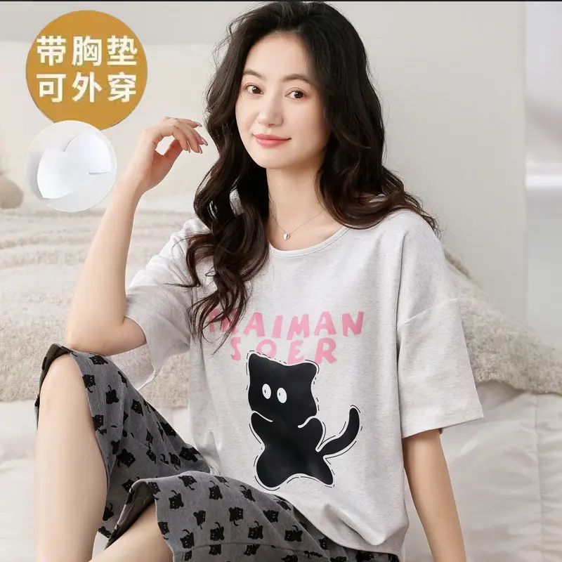 Cat Cartoon Women Summer Pajamas Set 2026 New Loose Pullover Short Sleeve Capri Pants Sleepwear With Bra Pads pyjama pour femme