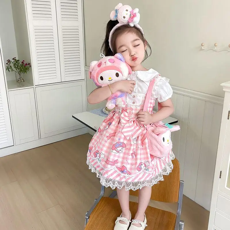 Half Sleeve Dress Sanrio My Melody Girl Spring Autumn New Style 2Pcs Fashion Cartoon Kawaii Casual Bow Princess Dress Gingham