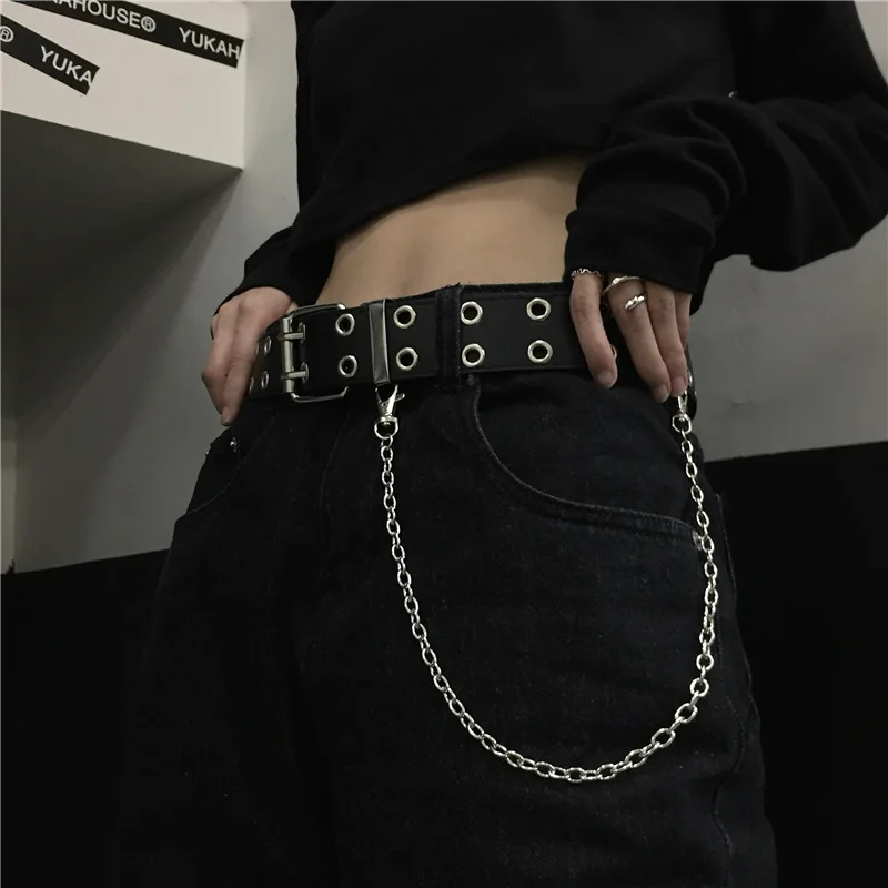 이불 Hip Hop Chain Tassel Belts Punk Studded Pin Buckle PU Belt Y2K Unisex Black Casual PU Jeans Pants Belt For Women Men