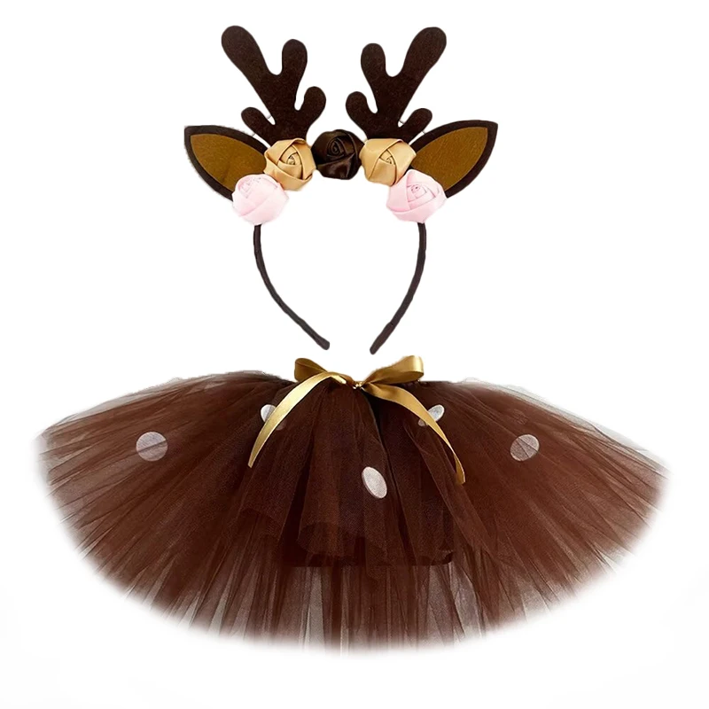 Deer Tutu Skirt Outfit for Baby Girls Christmas Reindeer Costume Toddler Kids New Year Clothes Child Birthday Tutus