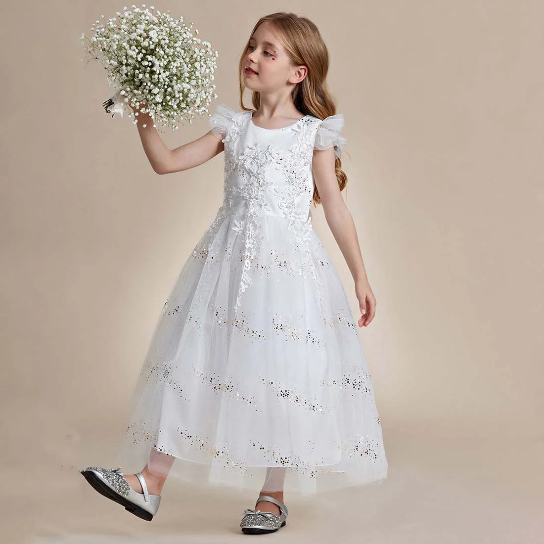 YZYmanualroom Lace and Sparkle Princess Flower Girl Dress with Flutter Sleeves 2-15T