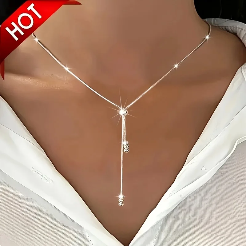 925 Sterling Silver Plated Elegant Y-Shaped Necklace, Suitable for Women, Adjustable Bead Slider, Low Allergenicity, Easy Classic Design, Suitable for Daily Wear And Vacation, Perfect Gift