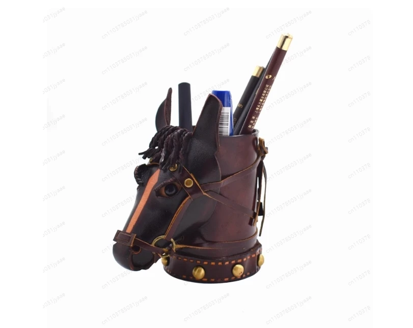 

"Horse" Leather Pen Holder Handmade Vegetable Tanned Cowhide Office Table Home Study Storage Bucket Vase