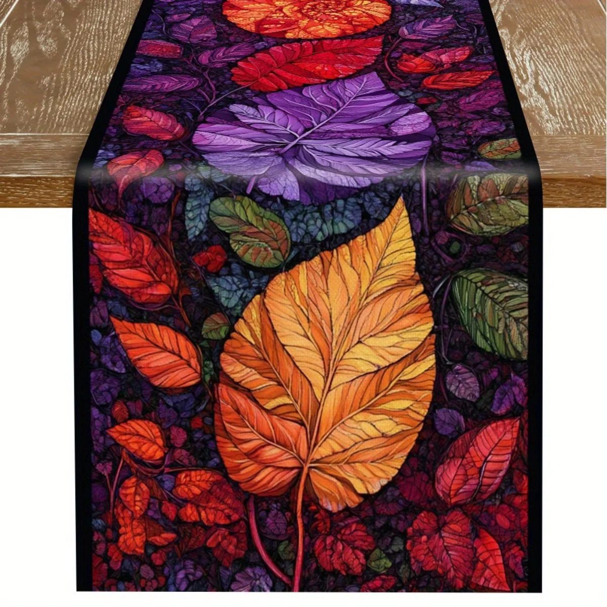 1 Vivid Autumn Leaves Table Runner - Art Glass Style, Purple, Red and Orange Autumn Leaves Design, Fits for Restaurant, Home, Harvest Party, Pastoral Market.